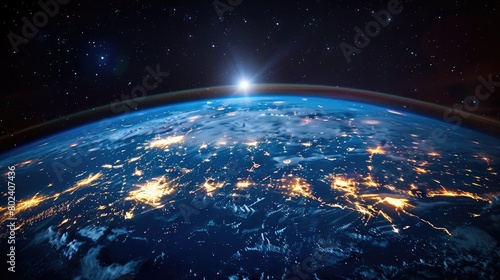 Panoramic view on planet Earth globe from space. Glowing city lights, light clouds