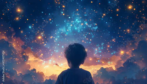 Illustration of a boy looking at a starry night sky with glittery galaxy above, ideal for themes of hope, love, and peace.