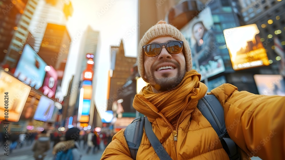 A tourist takes a selfie in bustling Times Square New York City. Concept Travel, Sightseeing, Selfie, New York City, Times Square