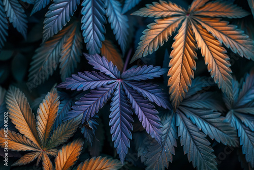 A series of cannabis leaves that gradually change from deep blues to radiant oranges  depicting mood transitions 