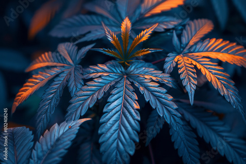 A series of cannabis leaves that gradually change from deep blues to radiant oranges, depicting mood transitions,