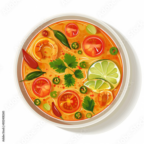 Tradition thailand soup tom yum on white background. Simple flat illustration, top view