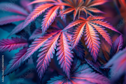 Cannabis leaves that twist and curl into surreal shapes, painted with a spectrum of thermal colors,