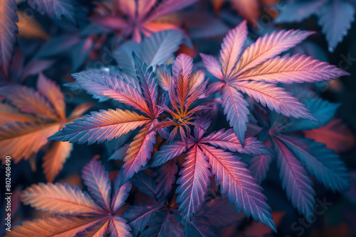 Cannabis leaves that twist and curl into surreal shapes, painted with a spectrum of thermal colors,