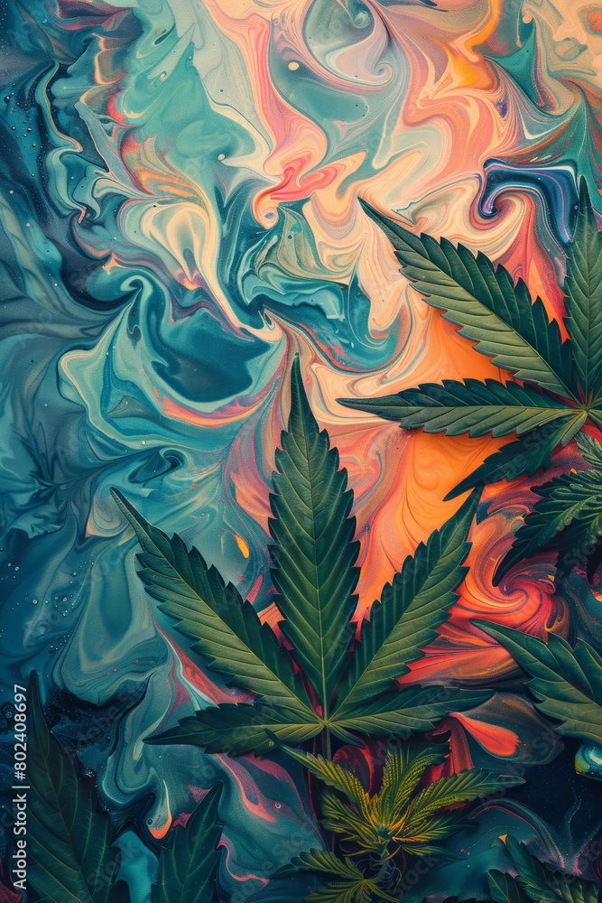 A vibrant print of cannabis leaves overlaid with abstract, flowing patterns that evoke a sense of deep relaxation, A vibrant print of cannabis leaves overlaid with abstract, flowing patterns that evoke a sense of deep relaxation,