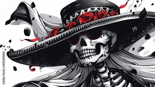 Skeleton Wearing Sombrero With Roses
