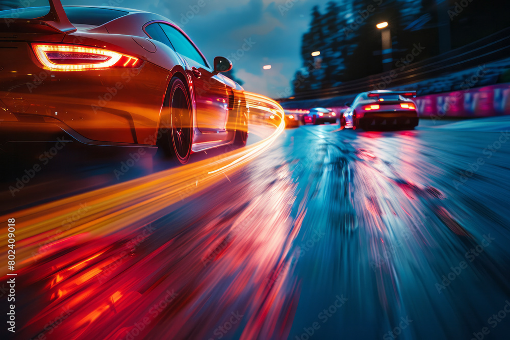 Cars in a tight draft with high speeds creating a blur of colors on the track, Cars in a tight draft with high speeds creating a blur of colors on the track,