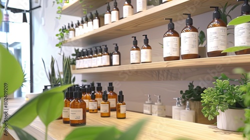 a beauty store adorned with sleek shelves showcasing an array of skincare products, featuring luxurious facial masks elegantly packaged in brown glass bottles.