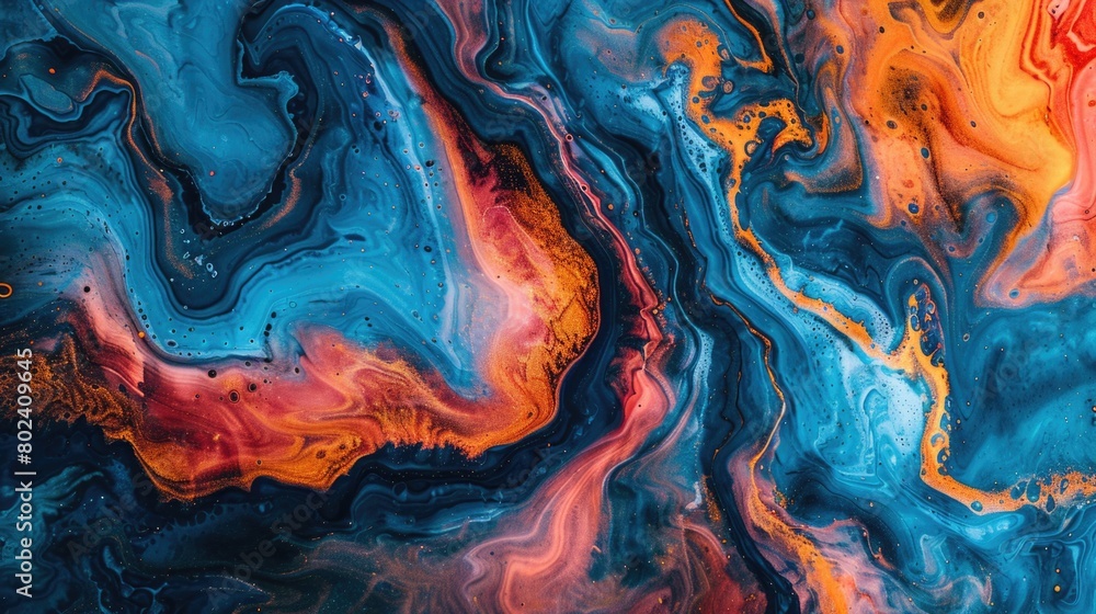 Detailed view of an abstract painting featuring vibrant blue, orange, and red colors blending and overlapping Detailed view of an abstract painting featuring vibrant blue, orange, and red colors blending and overlapping