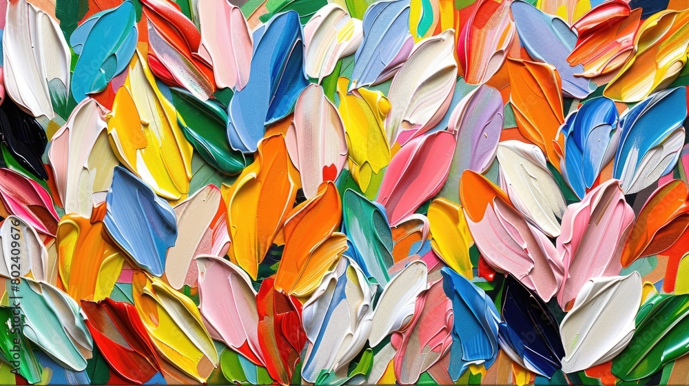 A painting displaying a vibrant collection of multicolored feathers against a neutral background A painting displaying a vibrant collection of multicolored feathers against a neutral background