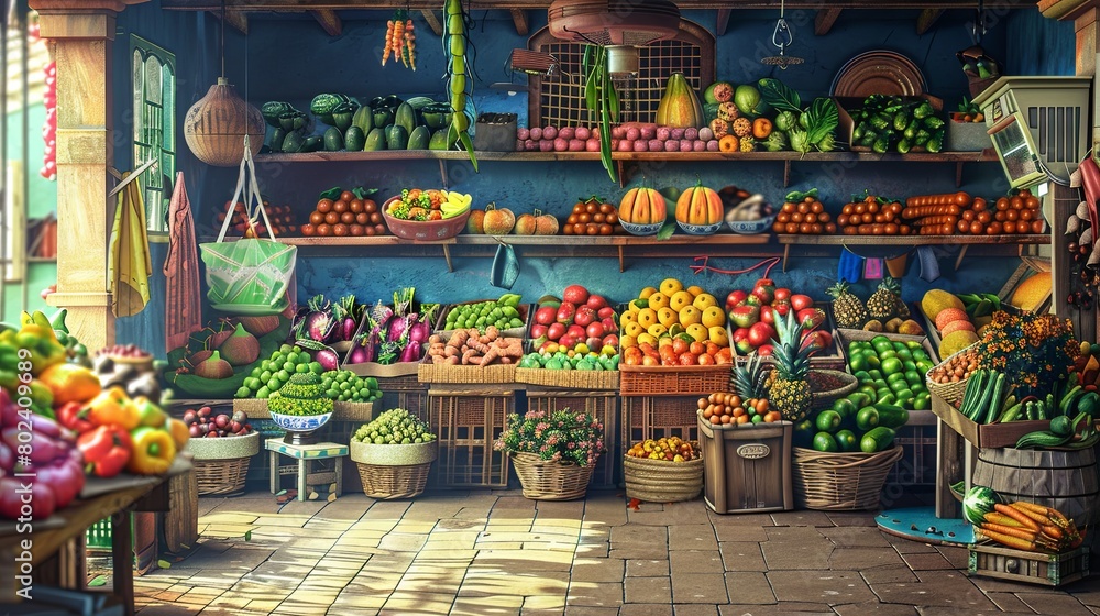 Bustling Farmers Market Filled With Fruits and Vegetables. Generative AI