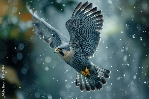 Peregrine falcon diving at high speed towards its prey, wings folded back,