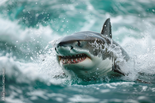 Great white shark propelling through water with explosive speed during a hunt 