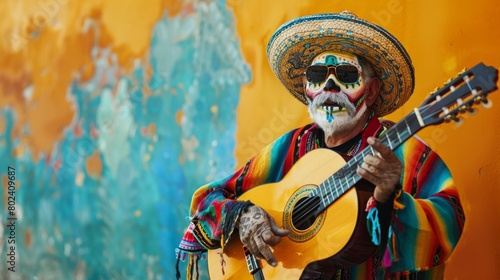 Skeleton Playing Guitar in Front of Colorful Wall