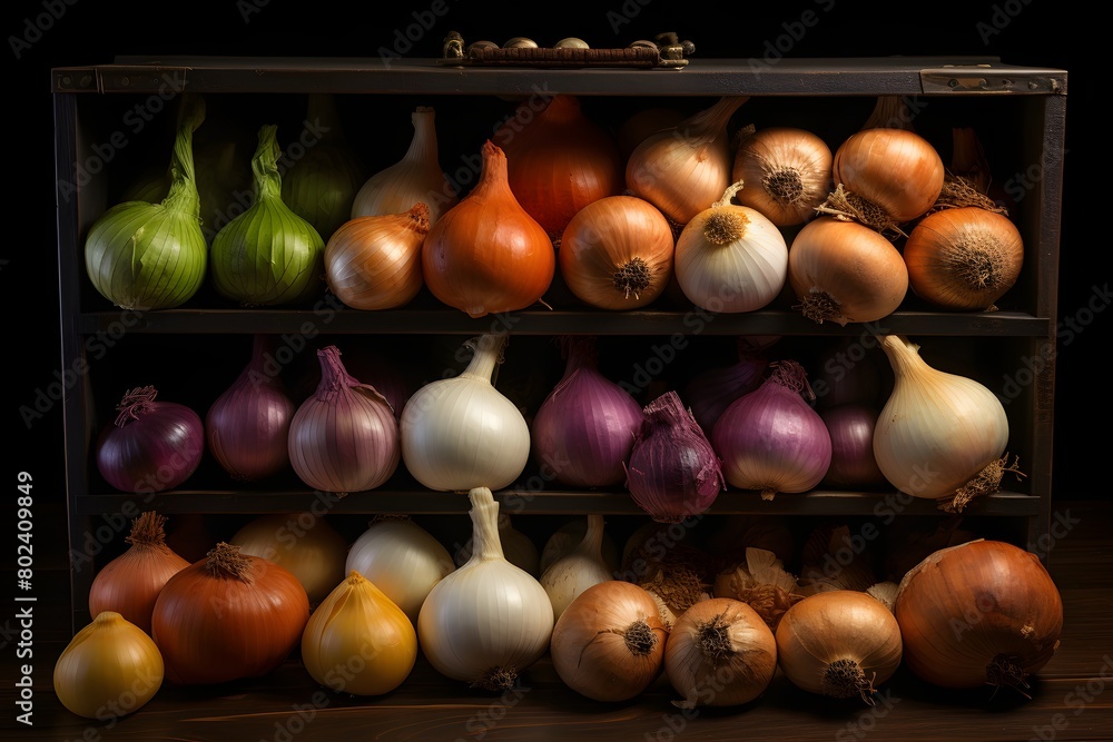 Variety of onions on a wooden shelf in a dark room. Variety of onions on a wooden shelf in a dark room.
