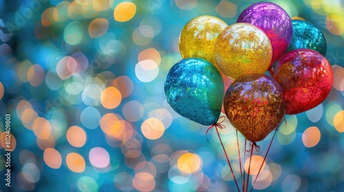 A cluster of vibrant balloons rises high in the sky, creating a cheerful and lively scene photo