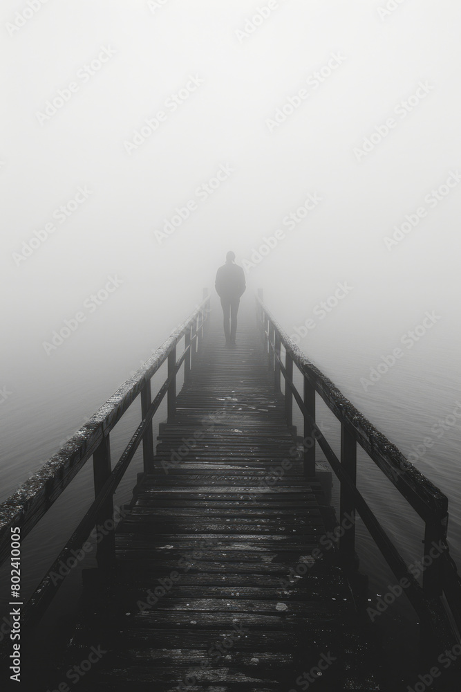 A person's silhouette on a foggy bridge, the railing disappearing into a blanket of fog. A person's silhouette on a foggy bridge, the railing disappearing into a blanket of fog.