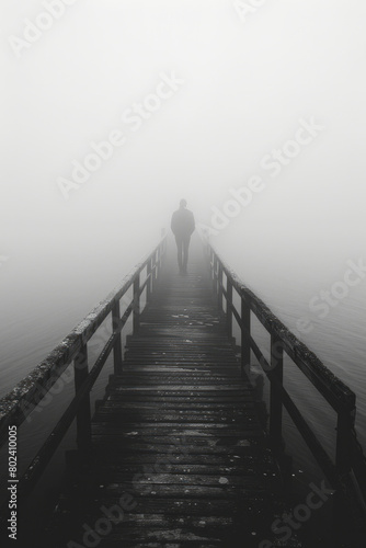 A person's silhouette on a foggy bridge, the railing disappearing into a blanket of fog.