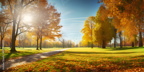Sunny landscape in fall park autumn season background colorful park looking so beautiful with sunlight and greenery background