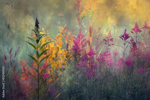 A vibrant painting of magenta flowers in a natural landscape