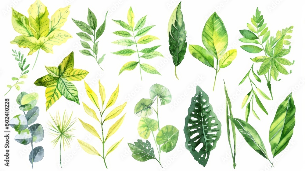 Detailed view of a collection of fine foliage painted in watercolors, capturing the essence of spring with light greens and yellows, isolated on a white background for a clean look Detailed view of a collection of fine foliage painted in watercolors, capturing the essence of spring with light greens and yellows, isolated on a white background for a clean look