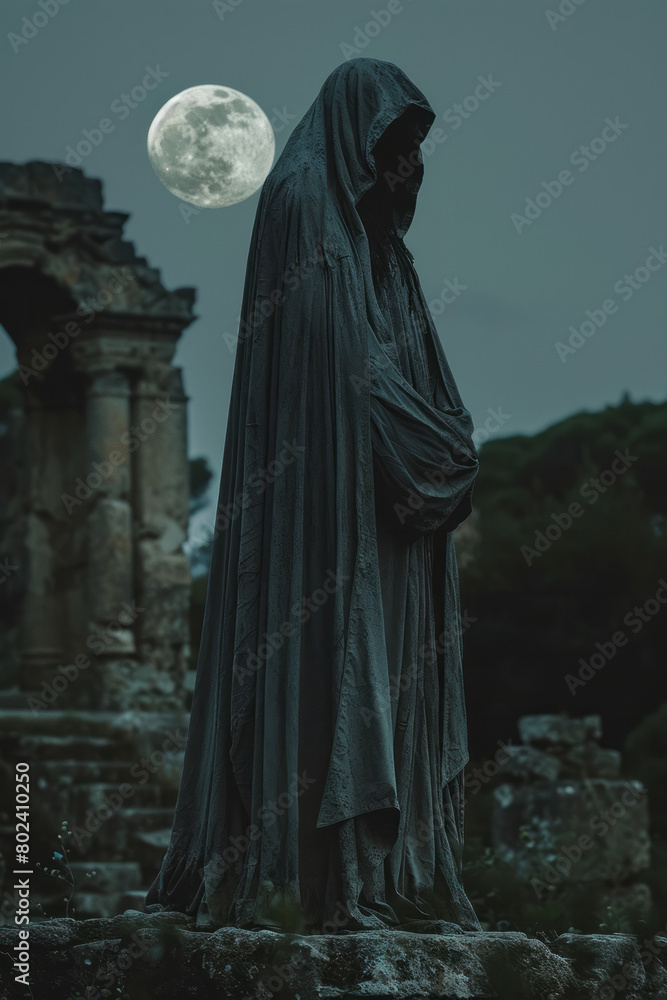 A figure in a flowing hooded robe standing amidst ancient ruins under a ...