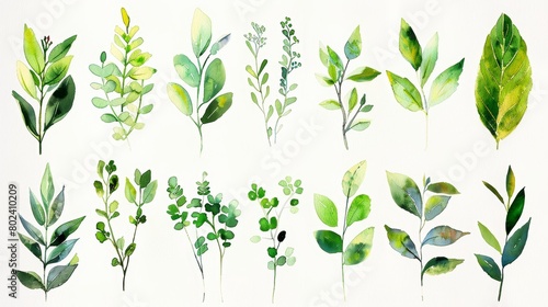 Detailed view of a collection of fine foliage painted in watercolors  capturing the essence of spring with light greens and yellows  isolated on a white background for a clean look