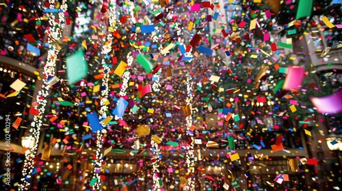 A large group of colorful confetti falling from the ceiling in a vibrant display
