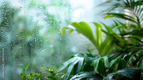 Detailed view of a lush green bathroom plant positioned by a frosted window, captured in high-res to highlight its glossy leaves and organic texture