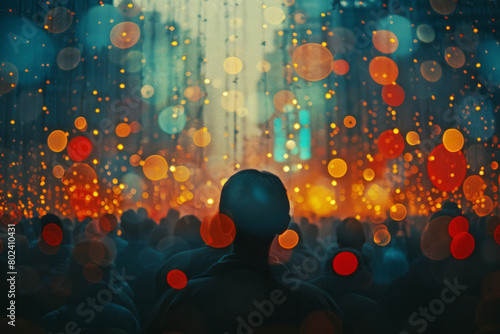 A crowd at a concert, each face a blur of light and color, showing the collective anonymity,