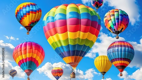 Multiple colorful hot air balloons flying in the sky on a sunny day