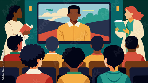 In a school auditorium students eagerly take notes as a documentary about Juneteenth and its lasting impact on civil rights is projected on the. Vector illustration