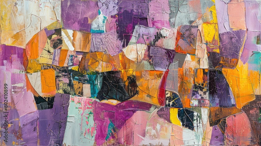An abstract painting filled with a variety of bright and bold colors, creating a visually dynamic and complex composition An abstract painting filled with a variety of bright and bold colors, creating a visually dynamic and complex composition