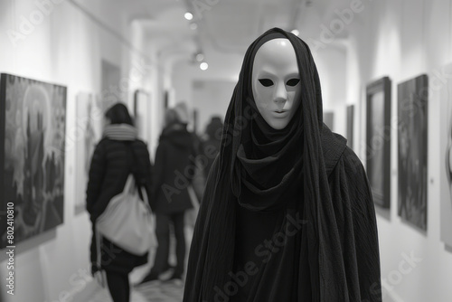 A figure in a featureless white mask walking slowly through a crowded art gallery, blending into the background,