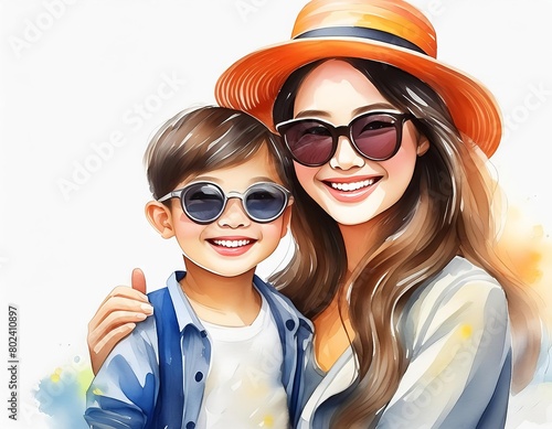 Young mother and son wearing glasses while smiling. Mothers day concept. watercolor illustration art