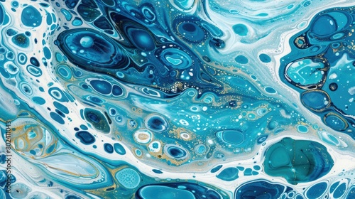 A painting featuring various shades of blue and white bubbles floating across the canvas