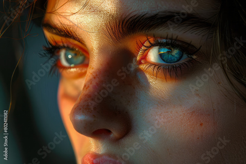 A stark contrast portrait with half the face brightly lit in vibrant color and the other in deep shadow, © Natalia