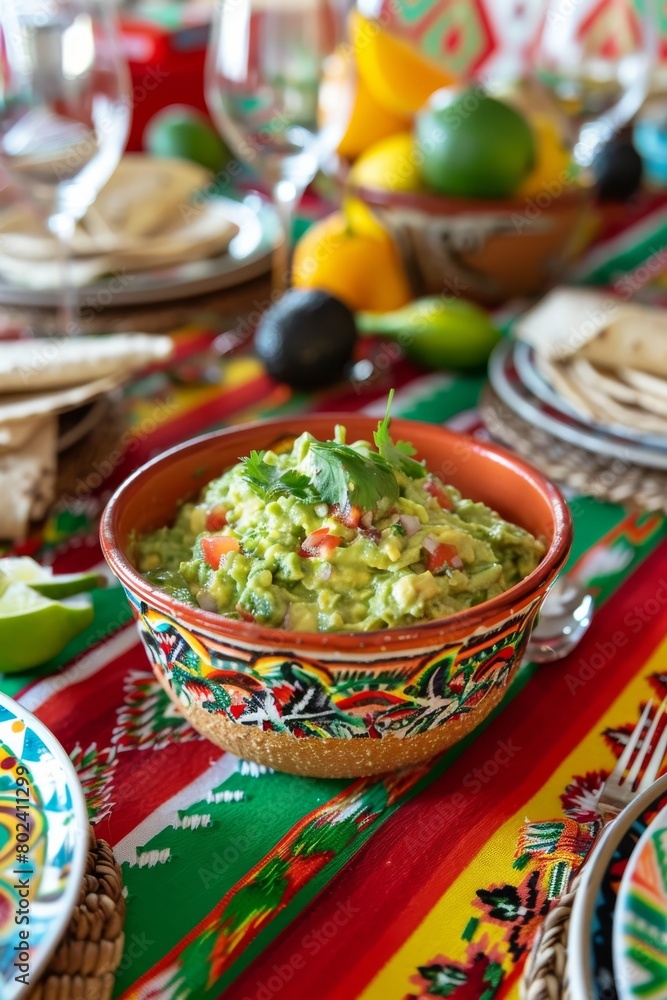 Bowl of Guacamole on Colorful Table Cloth Bowl of Guacamole on Colorful Table Cloth