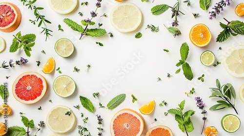 fruits and herbs delicately arranged in an elegant pattern against a pristine white background, featuring refreshing mint leaves, vibrant lemon and orange slices, fragrant lavender flowers