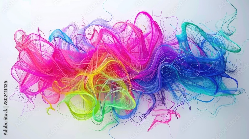 A group of vibrant multicolored streamers scattered across a plain white background