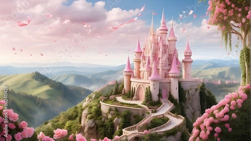 In a whimsical kingdom far away, nestled amidst rolling hills and lush gardens, stands a gorgeous pink princess castle. Its turrets reach towards the sky, adorned with shimmering banners and flutterin photo