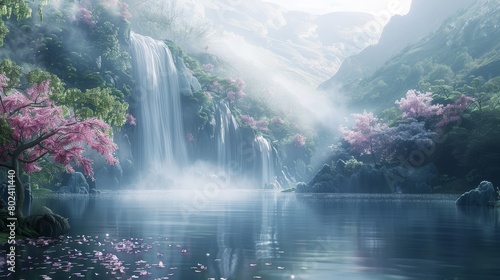 Craft an image depicting paradise where the scenery is embraced by the gentle mist of waterfalls and rivers