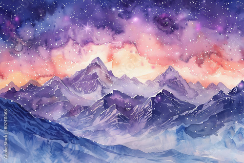 Watercolor painting of a starry sky over a purple mountain range