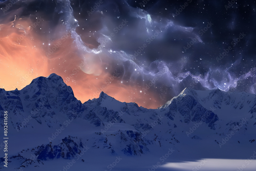 Snowy mountain under starry sky with clouds adding atmosphere Snowy mountain under starry sky with clouds adding atmosphere