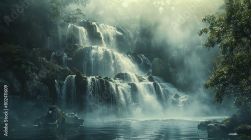 Craft an image depicting paradise where the scenery is embraced by the gentle mist of waterfalls and rivers