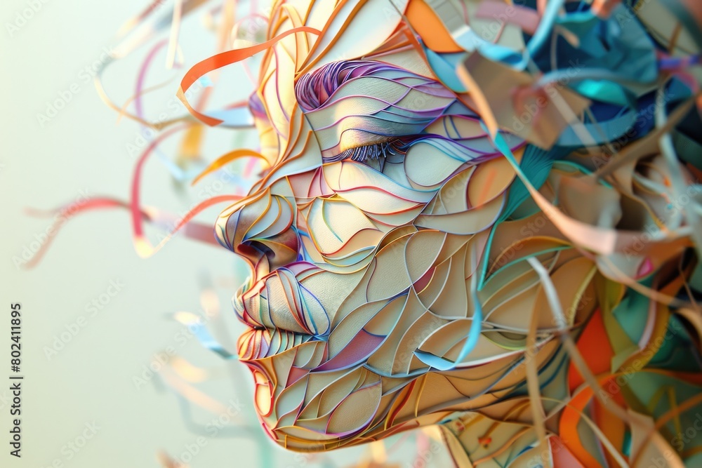 A detailed sculpture of a womans face crafted entirely out of paper ...
