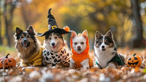 Craft an image depicting pets dressed up in silly costumes for a playful Halloween celebration