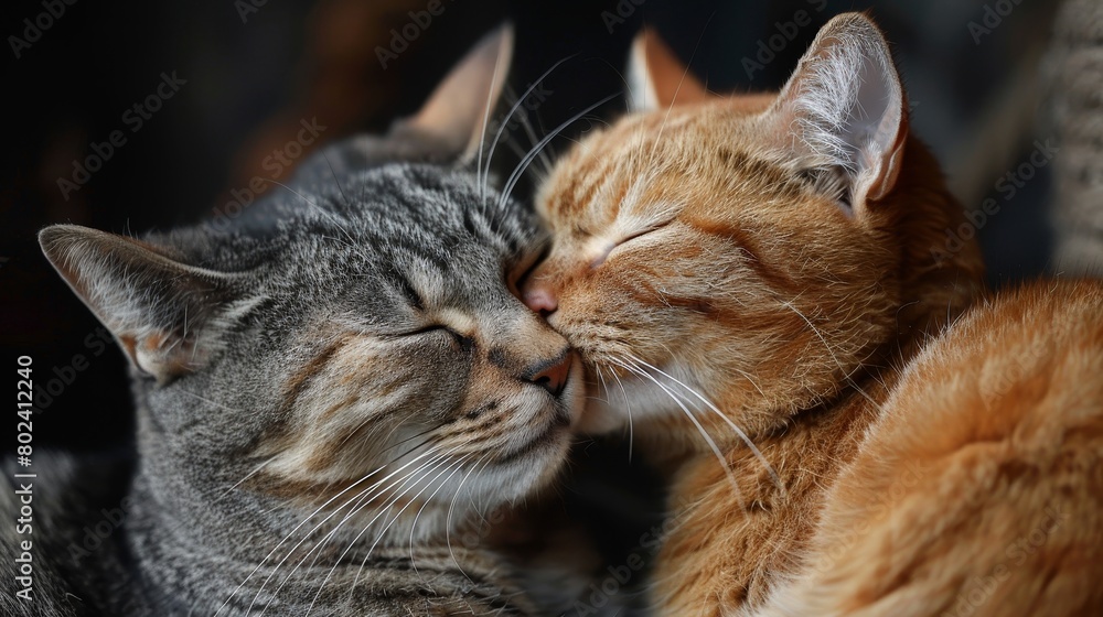 Craft an image depicting pets grooming each other with gentle licks and nuzzles