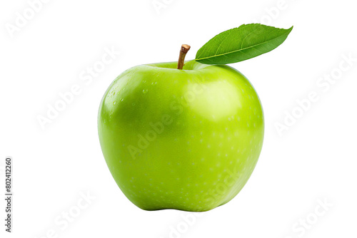 A green apple with a leaf on top  white background  transparent background.