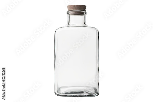 A clear glass bottle with a cork stopper, white background, transparent background.